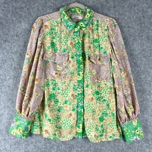 LOFT Floral Crepe Patchwork Top Women Large Blouse Colorful Ditsy Balloon Sleeve